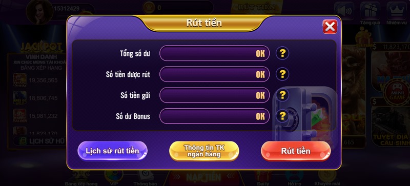 Giao diện rút tiền 68 game bài 